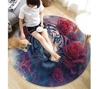 ANALTIRCE Alfombra Salon de Pelo Corto 120 cm Alfombras Redonda Romance Rosas Alfombra de Área Tigre Salvaje Antideslizante Muy Suave para Sofá, Dormitorio, Habitación Infantil, Azul Brumoso
