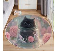 ANALTIRCE Alfombra Salon de Pelo Corto 90cm Alfombras Redonda Romance Rosas Alfombra de Área Caricatura Abstracto Gato Negro Antideslizante Muy Suave para Sofá, Dormitorio, Habitación Infantil, Rosa