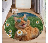 ANALTIRCE Grande Alfombra Salon Redonda 150cm, Gato Feliz Y Naranja Alfombra Dormitorio Lavable Lavadora, Campos Margaritas Alfombras Antideslizante Tapete Sala para Cocina, Halls, Balcón, Verde