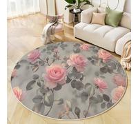 ANALTIRCE Grande Alfombra Salon Redonda 200cm, Elegante Botánico Rosa Alfombra Dormitorio Lavable Lavadora, Suave Floral Francés Alfombras Antideslizante Tapete Sala para Cocina, Halls, Balcón, Gris