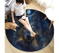 ANALTIRCE Lavable Alfombras Redondas 200cm Misterioso Lobo Solitario Azul Alfombra Círculo Redondeada Medallón Estrellas Luna Llena Impreso Alfombras de área Salón Dormitorio