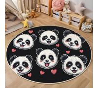 ANALTIRCE Lavable Alfombras Redondas 90cm Cara De Panda Feliz Negro Alfombra Círculo Redondeada Medallón Caricatura Símbolo De Corazón Impreso Alfombras de área Salón Dormitorio