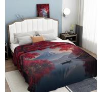 ANALTIRCE Mantas para Cama Rojo Manta de Franela Sofa 220 × 240 cm, Manta de Felpa Estilo Japonés Lago Naturalmente El Monte Fuji Ligera y Acogedora para Dormitorio, Sala de Estar, Sofá