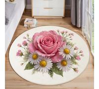 ANALTIRCE Margaritas Rosas Alfombras Redondas, Blanco Tapete Redondo Antideslizante, Ramo Exquisito Imprimir Alfombra de Área Redonda para Salón, Mesa de Café,Comedor, Dormitorio 80 cm