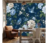 ANALTIRCE Papel Tapiz Fotográfico 3D Peonía Blanca Pájaro 352An×250Al cm Papel Pintado Panorámico, Casa De Campo Flores Fotomurales XL Pared Moderna para Salón, Azul Oscuro