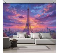 ANALTIRCE Papel Tapiz Fotográfico 3D Puesta Sol Torre Eiffel 300An×210Al cm Papel Pintado Panorámico, Arquitectura Urbana Fotomurales XL Decoración Pared Moderna para Cuarto de Niño, Salón, Púrpura