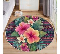 ANALTIRCE Pequeña Alfombra Salon Redonda 80 cm, Flores Tropicales Alfombra Dormitorio Lavable Lavadora, Tribu Azteca Geometría Alfombras Antideslizante Tapete Sala para Cocina, Halls, Balcón, Púrpura