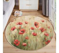 ANALTIRCE Pintura Al Óleo Retro Floral Alfombras Redondas, Beige Tapete Redondo Antideslizante, Flor Amapola Roja Imprimir Alfombra de Área Redonda para Salón, Mesa de Café,Comedor, Dormitorio 90cm