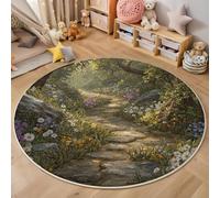 ANALTIRCE Verde Alfombra Redonda Lavable, Alfombras de Pelo Corto Flores Silvestres Bosques Camino Sinuoso Piedra, Alfombra Redonda Antideslizante para Sala de Estar Dormitorio 200cm