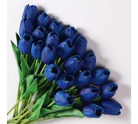 Anaoo 24pcs Tulipanes Flores Artificiales Falsas en Látex Ramos Flores de Tacto Real Banquete Arreglos Florales Decoración para Boda, Hogar, Fiestas, Jardín, Partido, Hotel, Azul Oscuro