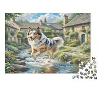 Anatolian Shepherd Dog Rompecabezas de Papel Reciclado Cruce de Collie Saltando en Arroyo de Pueblo, Regalo Decorativo para niños 70x50cm/1000 Piezas