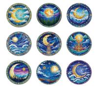 ANATTASOUL 9Pcs Estrella Lunar Posavasos Madera, Posavasos De Madera, Reutilizables, Redondos, Drink Coasters, Taza para Café, Bar, Cocina, Restaurante