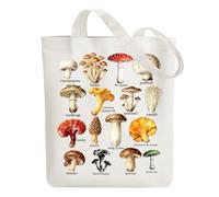 ANATTASOUL Bolsa de lona de algodón reutilizable para mujer, duradera y plegable, con bolsillos con cremallera para compras, vacaciones, trabajo, gimnasio, Guía de hongos