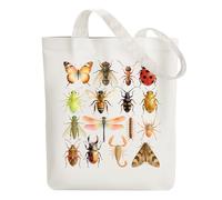 ANATTASOUL Bolsa de lona de algodón reutilizable para mujer, duradera y plegable, con bolsillos con cremallera para compras, vacaciones, trabajo, gimnasio, Insectos