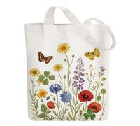 ANATTASOUL Bolsa de Tela Impresa Flores Silvestres Y Mariposas, Tote Bag Tela Mujer,Shopper Algodón 38 * 40cm, Beige Bolsa de Transporte para Mujer, Saco Tote Bag de Lona Regalo