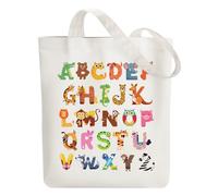 ANATTASOUL Bolsa de Tela Impresa Letras De Animales, Tote Bag Tela Mujer,Shopper Algodón 38 * 40cm, Beige Bolsa de Transporte para Mujer, Saco Tote Bag de Lona Regalo con Cierre de Cremallera