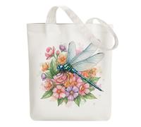 ANATTASOUL Bolsa de Tela Impresa Libélula y flores, Tote Bag Tela Mujer,Shopper Algodón 38 * 40cm, Beige Bolsa de Transporte para Mujer, Saco Tote Bag de Lona Regalo con Cierre de Cremallera