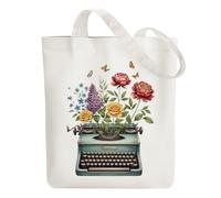ANATTASOUL Bolsa de Tela Impresa Máquina De Escribir Vintage y Flor, Tote Bag Tela Mujer,Shopper Algodón 38 * 40cm, Beige Bolsa de Transporte para Mujer, Saco Tote Bag de Lona Regalo