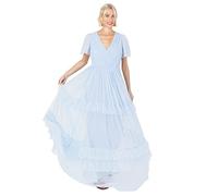 Anaya with Love Ladies Maxi Dress for Women Short Sleeve Evening Ball Gown Tiered V Neck Bow Tie Bridesmaid Wedding Guest Prom Long, Vestido Mujer, Light Blue,
