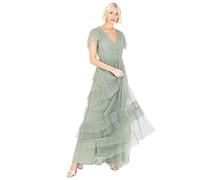 Anaya with Love Ladies Maxi Dress for Women Short Sleeve Evening Ball Gown Tiered V Neck Bow Tie Bridesmaid Wedding Guest Prom Long, Vestido Mujer, Frosted Green,