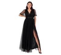 Anaya with Love Ladies Maxi Dress for Women V Neckline Short Sleeve Frilly Long Empire Waist for Wedding Guest Bridesmaid Maid of Honour, Negro 52
