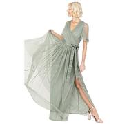 Anaya with Love Ladies Maxi Dress for Women V Neckline Short Sleeve Frilly Long Empire Waist for Wedding Guest Bridesmaid Maid of Honour, Vestido Mujer, Frosted Green,