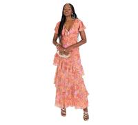 Anaya with Love Women's Maxi Dress Ladies Flutter Sleeve Plunge V-Neck Ruffle Tiered Skirt Lace-up Strappy Back Tropical Floral Print Vestido, Coral, 38 De Las Mujeres