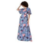 Anaya with Love Women's Maxi Dress Ladies Wrap Short Angel Sleeves V-Neck Floral Waist Tie for Wedding Guest Occasion Evening Prom Ball Vestido, Blue, 52 De Las Mujeres