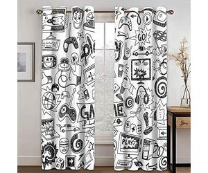 ANAZOZ 2 Cortinas Dormitorio Opaca Cortina Poliester Habitacion Play Game Consola de Juego Gris Negro Blanco Cortina de Dormitorio 2 x 107W x 244H CM