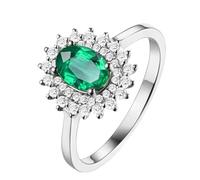 ANAZOZ Anillos de Promesa para Mujer Flor y Oval con Esmeralda Creada de 1.3ct y Moissanita, Anillos de Compromiso de Oro Blanco de 9 Kilates para Mujer, Plata Verde, Talla 13(53mm)