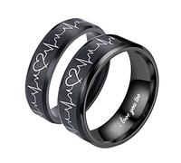 ANAZOZ Anillos para Parejas Acero Inoxidable,Anillos Parejas Baratos 6/8MM Anillo Negro Latido del Corazón Tamaño Mujer 20(60mm) + Hombre 27(67mm)