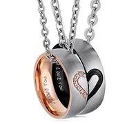 ANAZOZ Colgante Pareja Acero Inoxidable Con Anillo, Collares Corazón de Rompecabezas Con Grabado I Love You, Circonita 5A, Ancho 6 mm, Oro Rosa Negro - Cadena de Rolo