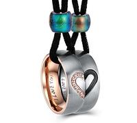 ANAZOZ Colgante Pareja, Colgante Acero Inoxidable con Anillo, Collares Pareja Corazón de Rompecabezas Grabado I Love You Circonita 5A Ancho 6mm Oro Rosa Negro Cadena