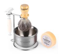 Anbbas Badger Hair - Brocha de afeitar con mango de madera, acero inoxidable y soporte para brochas, cuenco de afeitar con barra de jabón de afeitar, juego 4 en 1 para hombres