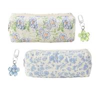 ANBOO Juego de 2 estuches florales para niñas con bonitos llaveros, estuche de tela pequeño para lápices de flores, bolsas de almacenamiento estéticas, bonito estuche azul ideal para estudiantes (azul