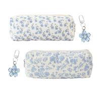 ANBOO Juego de 2 estuches florales para niñas con bonitos llaveros, estuche estético de tela de flores pequeñas, bonitas bolsas de almacenamiento de papelería, bonito estuche azul, ideal para la