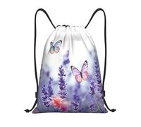 Anceky Bolsa de gimnasio ligera y pequeña con cordón para mujer, diseño de flores de lavanda y mariposas, ideal para viajes deportivos.