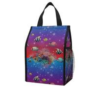 Anceky Bolsa térmica aislante con bolsillos, diseño de copos de nieve, peces y colores morado y rojo, portátil, plegable y a prueba de fugas, ideal para picnics y el uso diario.
