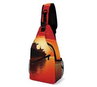 Anceky Bolso bandolera para hombre y mujer, silueta de un buque cisterna al amanecer en rojo, bolso de pecho, bolso cruzado informal, mochila bandolera para viaje, mochila de día
