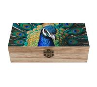 Anceky Caja de madera con forma de pavo real azul y tapa abatible, rectangular, grande, diseño retro, para guardar joyas, manualidades, decoración y regalo.