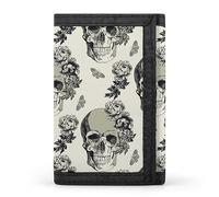 Anceky Cartera Triple Beige con diseño de Calaveras Vintage y Flores, Estilo Retro Antiguo, con Llavero, Tarjetero para facturas, Recibos, para Hombre y Mujer, 12,7 x 8,4 x 0,5 cm.