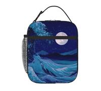 Anceky Durante la noche con luna llena iluminando el mar, arte de pintura japonesa Lonchera reutilizable Bolsa de almuerzo aislada para oficina trabajo picnic camping playa
