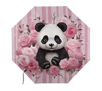 Anceky Panda Rose Flowers Pink White Stripe Water Repellent Compact UmbrellaOne-Click Automatic Open And Close And PortableTravel Umbrella Can Be Placed in A Briefcase, Backpack, Sui