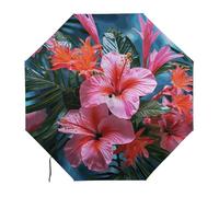 Anceky Pink Flower Tropical Plant Water Repellent Compact UmbrellaOne-Click Automatic Open And Close And PortableTravel Umbrella Can Be Placed in A Briefcase, Backpack, Suitcase.