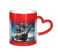 Anceky Taza de café de cerámica con diseño de barco pirata, sensible al calor y que cambia de color, de 325 ml, para hombres y mujeres.
