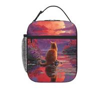 Anceky Un gato observa su reflejo en el lago. Hay luna roja llena. Lonchera reutilizable con aislamiento térmico para la oficina, el trabajo, picnics, camping y playa.