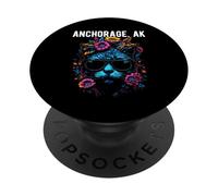 Anchorage Alaska - Gato con Gafas de Sol y diseño de Flores PopSockets PopGrip Adhesivo