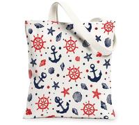 Anchors - Bolsa de lona para mujer, diseño náutico, con rueda de barco costero, estrella de mar, verano, azul marino, lavable, reutilizable, ideal para compras, viajes, oficina, biblioteca, casual, 13