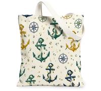 Anchors - Bolsa de lona para mujer, diseño náutico de brújula marina de verano, lavable, reutilizable, bolsas de comestibles para Sho, Azul marino, 13x15 Inch