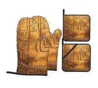 Ancient Egypt Mythology Carving Mural Oven Mitts and Pot Holders 4 Pcs Set,High Heat Resistant 500 Degree Extra Thicken Long Kitchen Cotton Oven Glove for Cooking